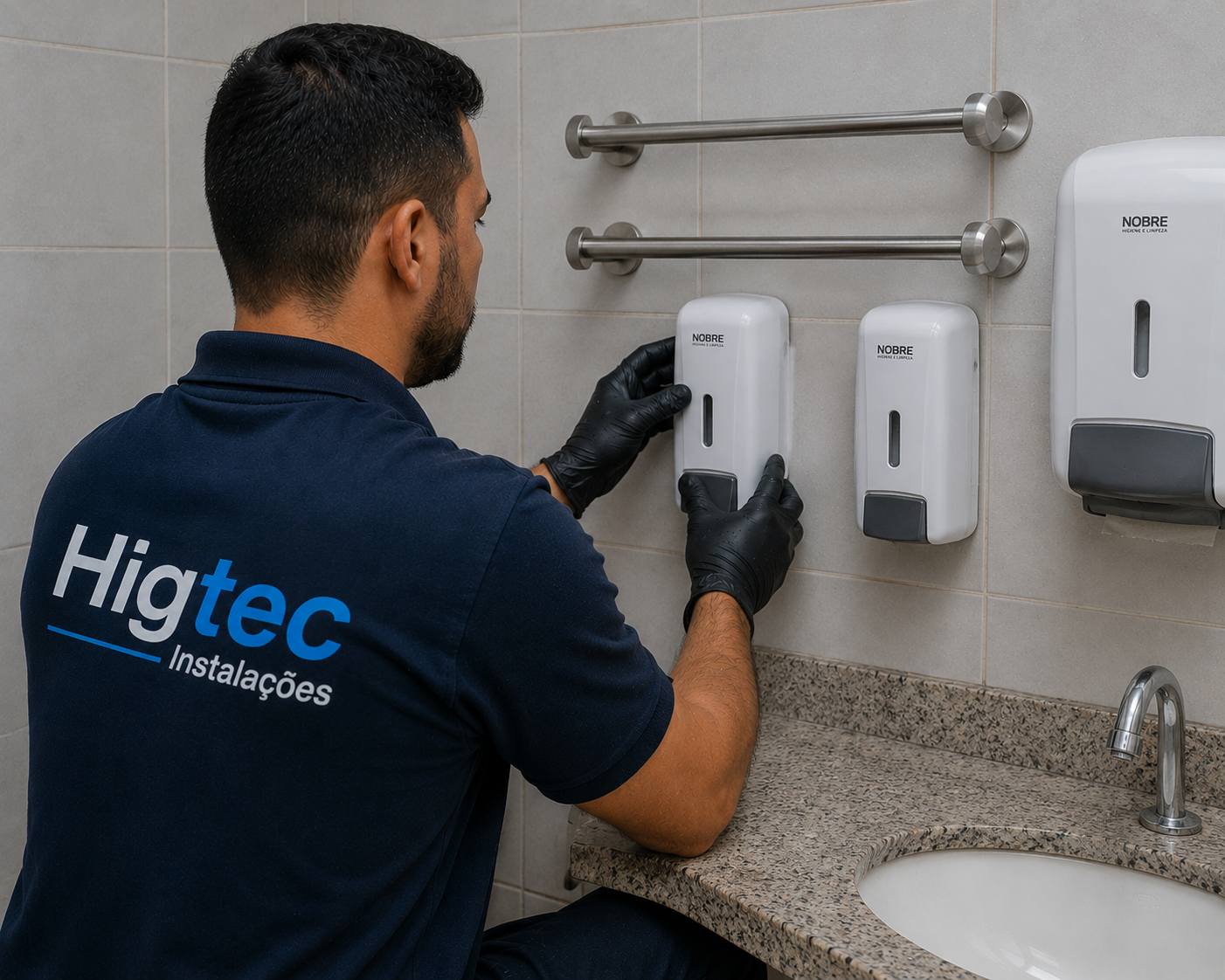 Técnico da Higtec Instalações instalando dispenser saboneteira em banheiro corporativo