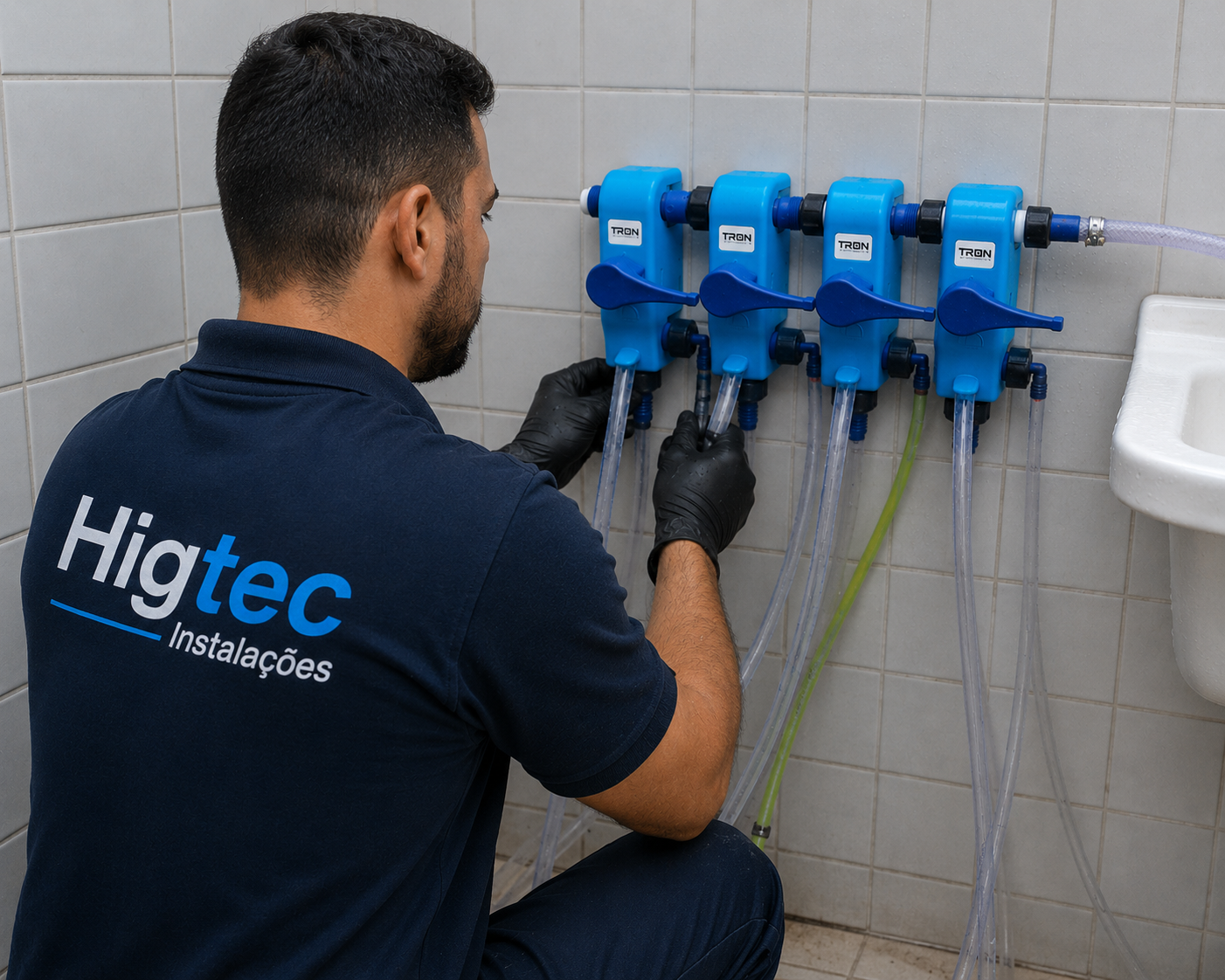 Técnico da Higtec Instalações instalando diluidores dosadores TRON em parede